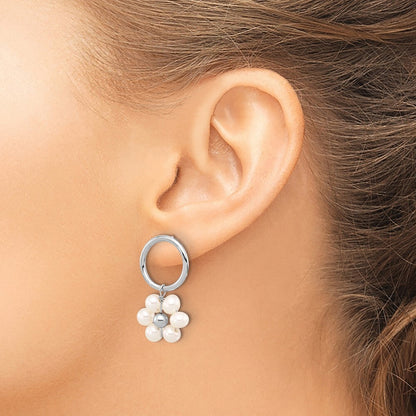 Sterling Silver 4-5mm White Semi-Round Cultured Pearl Flower Dangle Earrings