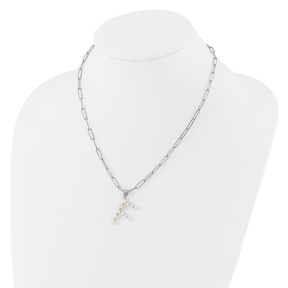 Sterling Silver 3-5.5mm White Button Cultured Pearl LETTER F Necklace 18"