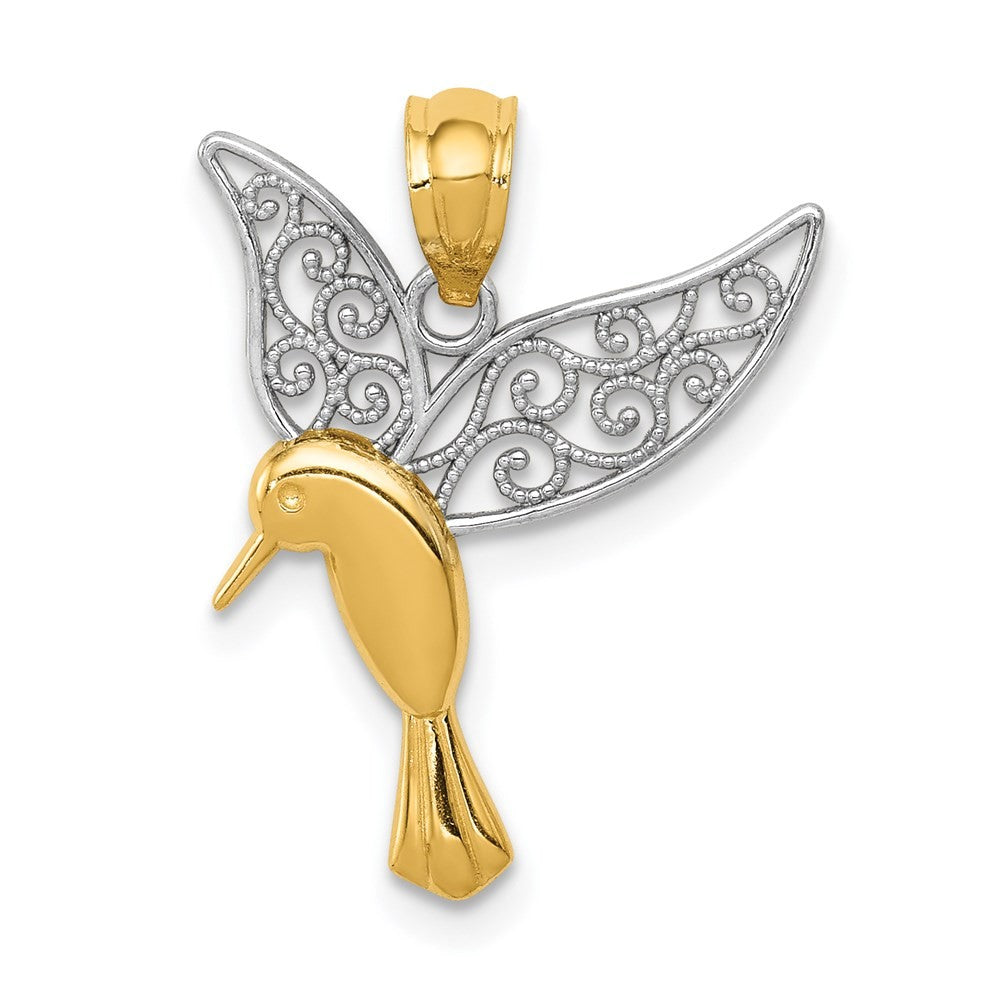 14k Yellow Gold Rhodium Polished Hummingbird Filigree Wings Pendant
