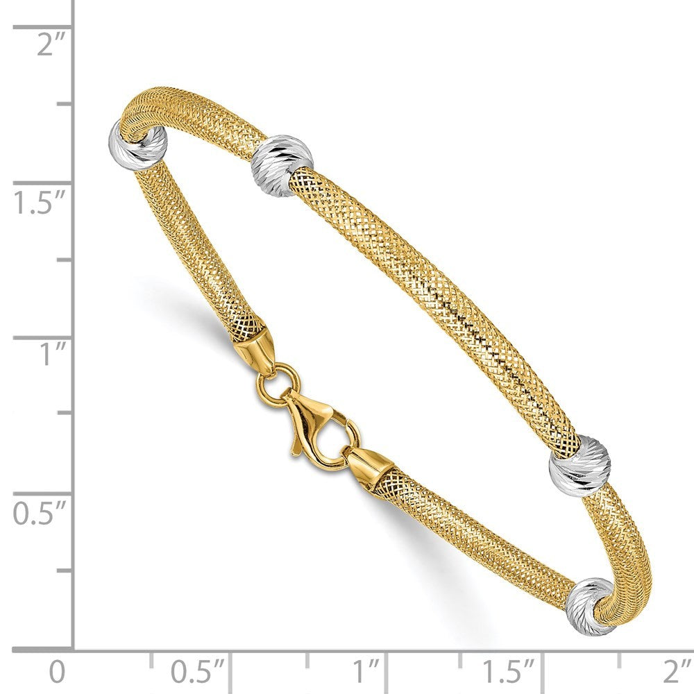 14k Yellow Gold White Rhodium Diamond-cut Moveable Beads Stretch 7.5" Bracelet