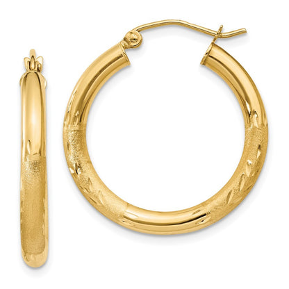 14k Yellow Gold Satin and Diamond-cut 3mm Round Hoop Earrings Gift for Women