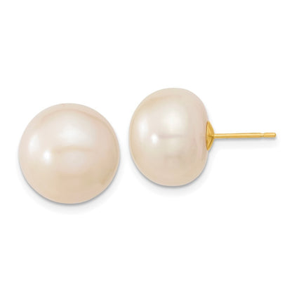 14k Yellow Gold 13-14mm White Button Freshwater Cultured Pearl Stud Earrings