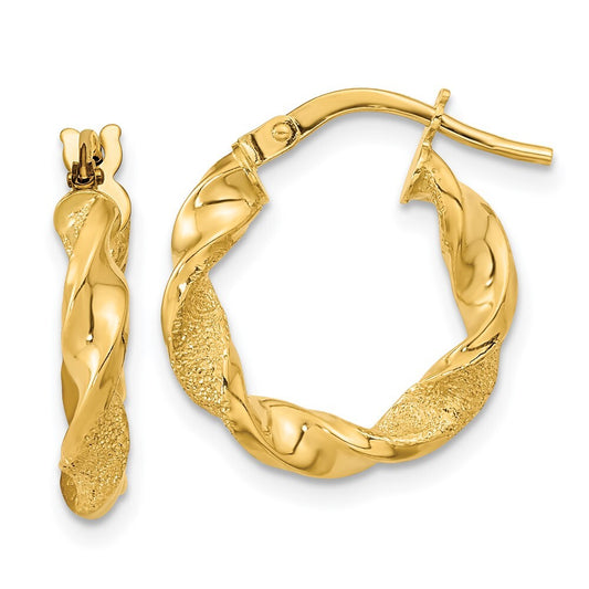 14k Yellow Gold Polished and Textured Twisted Hoop Earrings Gift for Women