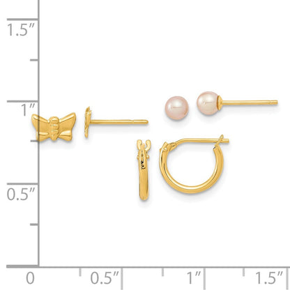 14k Yellow Gold Butterfly FW Cultured Pearl and Hoop 3 Pair Earrings Set