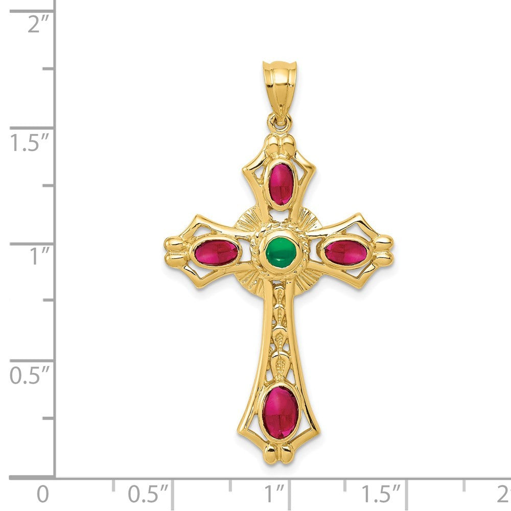 14k Yellow Gold Ruby and Emerald Cabochon Cross Pendant