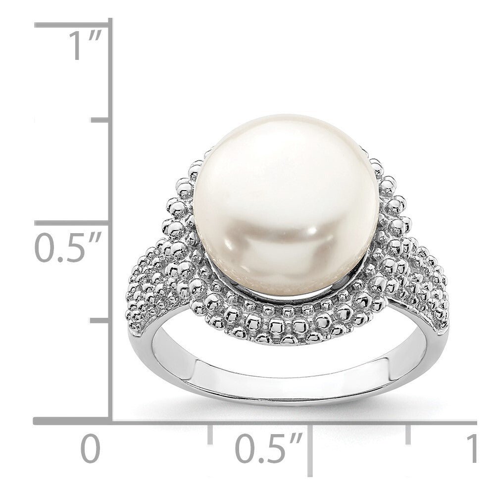 Sterling Silver Rhod-plat 11-12mm White FWC Pearl Ring Size 6