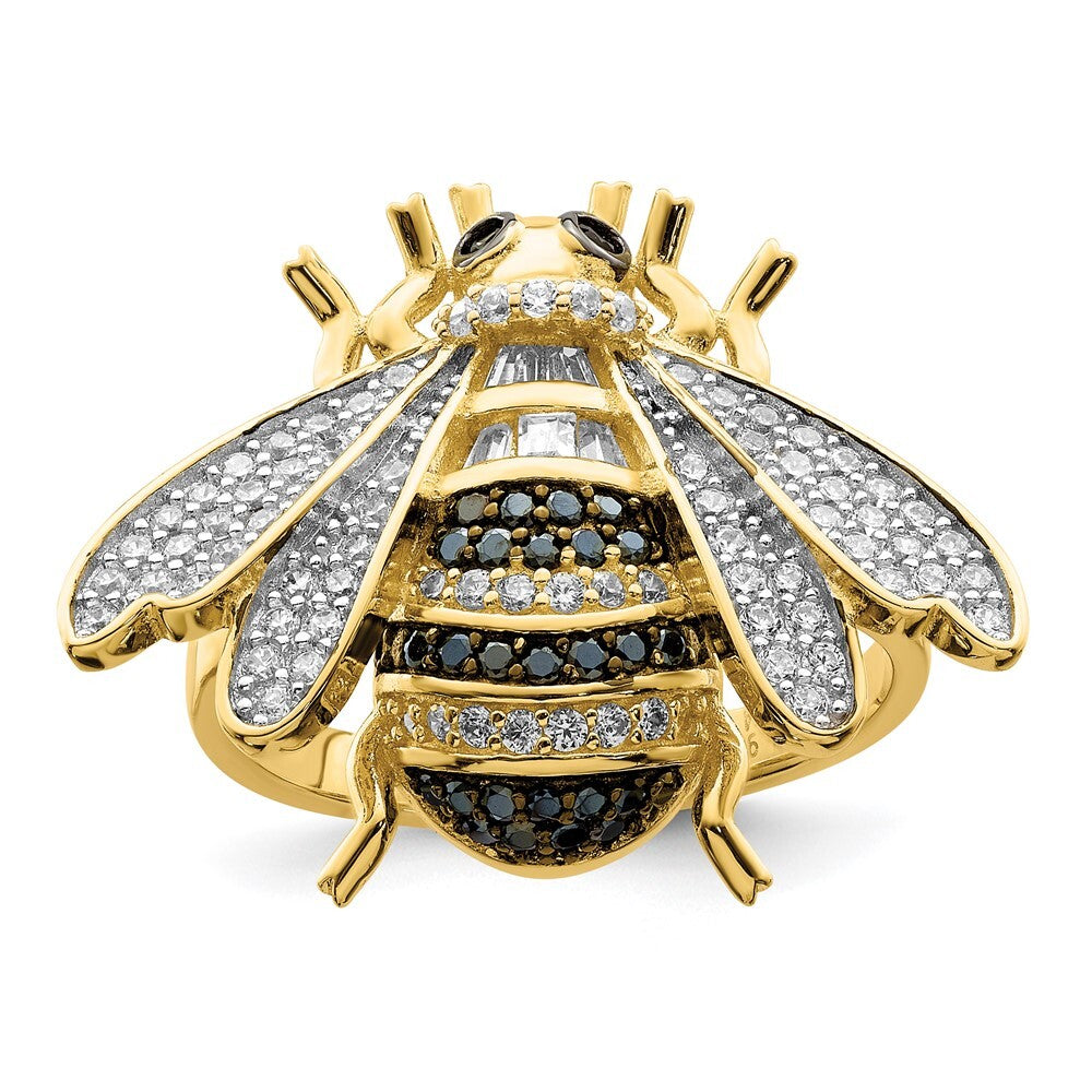 Sterling Silver Blk/White RH-plated Gold Tone CZ Bumblebee Ring Size 6