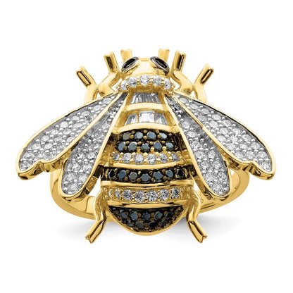Sterling Silver Blk/White RH-plated Gold Tone CZ Bumblebee Ring Size 6