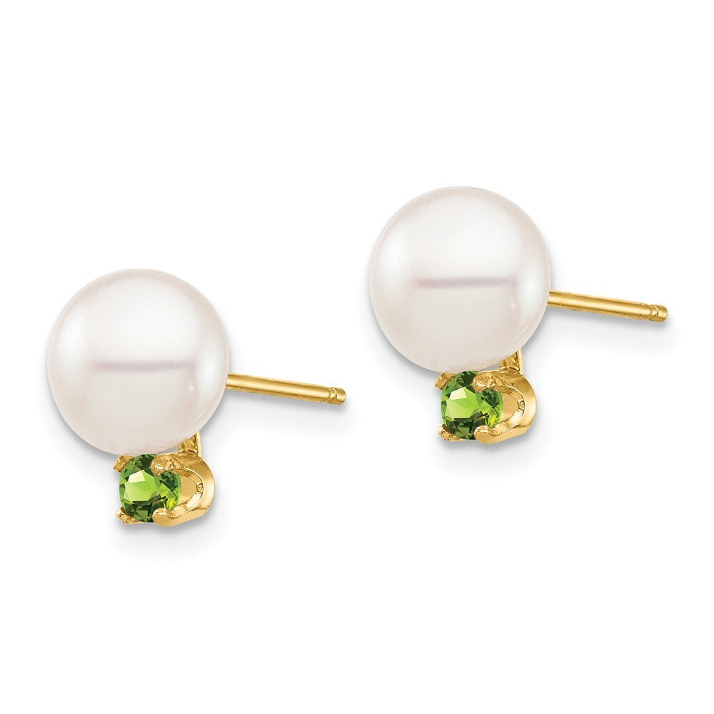 14k Yellow Gold 7-7.5mm Freshwater Cultured Pearl & Peridot Stud Earrings