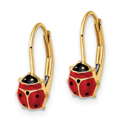 14k Yellow Gold Polished Enameled Ladybug Dangle Earrings Leverback