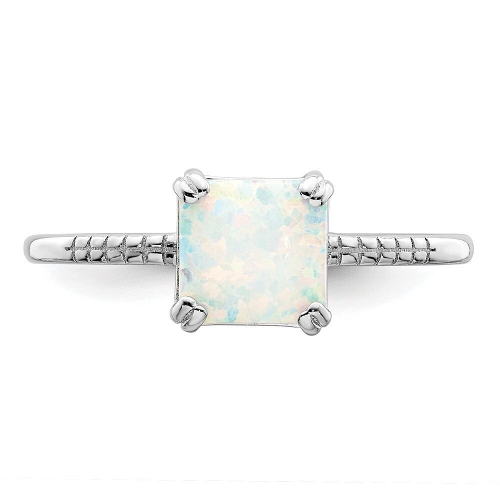 Sterling Silver Rhodium-plated Polished Square White Created Opal Ring Size 6