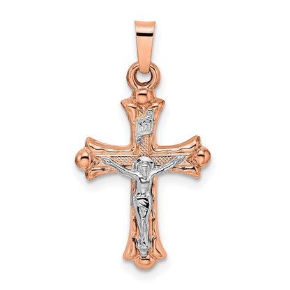 14k Two-tone Gold Rose and Polished Fleur de Lis INRI Hollow Crucifix Pendant