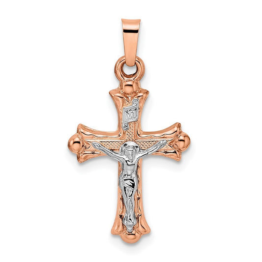 14k Two-tone Gold Rose and Polished Fleur de Lis INRI Hollow Crucifix Pendant