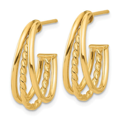 14k Yellow Gold Polished and Twist Oval Multi Row J-Hoop Earrings