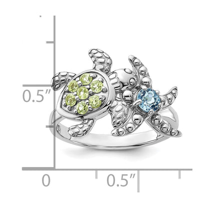 Sterling Silver Peridot and Swiss Blue Topaz Turtle and Starfish Ring Size 8