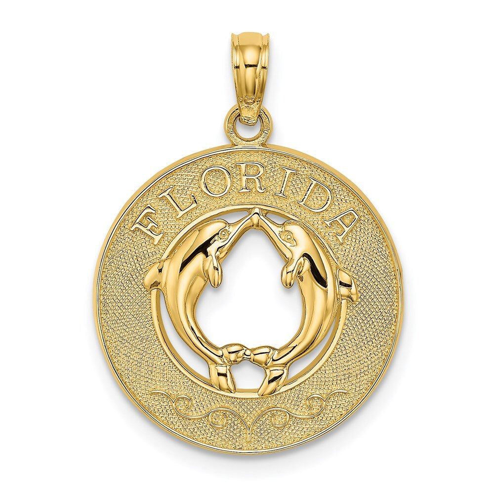 14k Yellow Gold FLORIDA Dolphins Circle Charm Pendant for Women