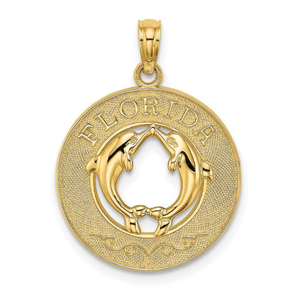 14k Yellow Gold FLORIDA Dolphins Circle Charm Pendant for Women