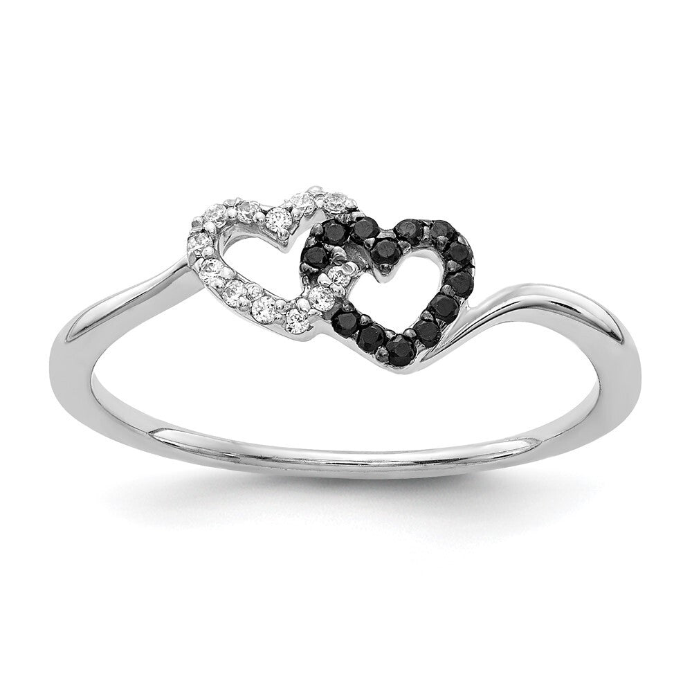 14k White Gold Black and White Diamond Double Heart Ring Size 6