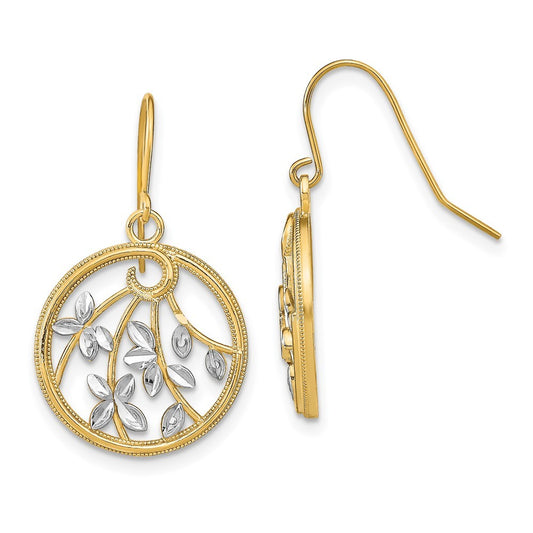 14k Yellow Gold w/Rhodium Diamond-Cut Leaves Round Dangle Earrings