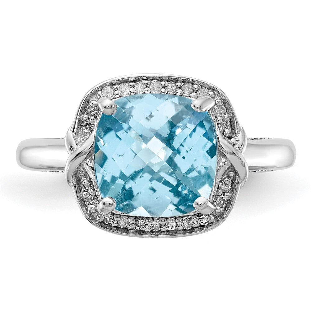Sterling Silver Rhodium Diamond & Checker-Cut Sky Blue Topaz Ring Size 7