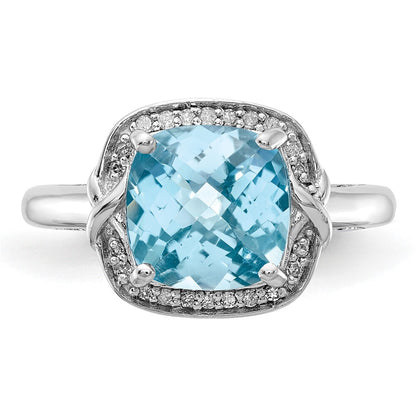 Sterling Silver Rhodium Diamond & Checker-Cut Sky Blue Topaz Ring Size 7