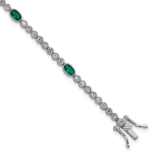 Sterling Silver and Beaded Fancy Oval Green and Round White CZ 7" Bracelet
