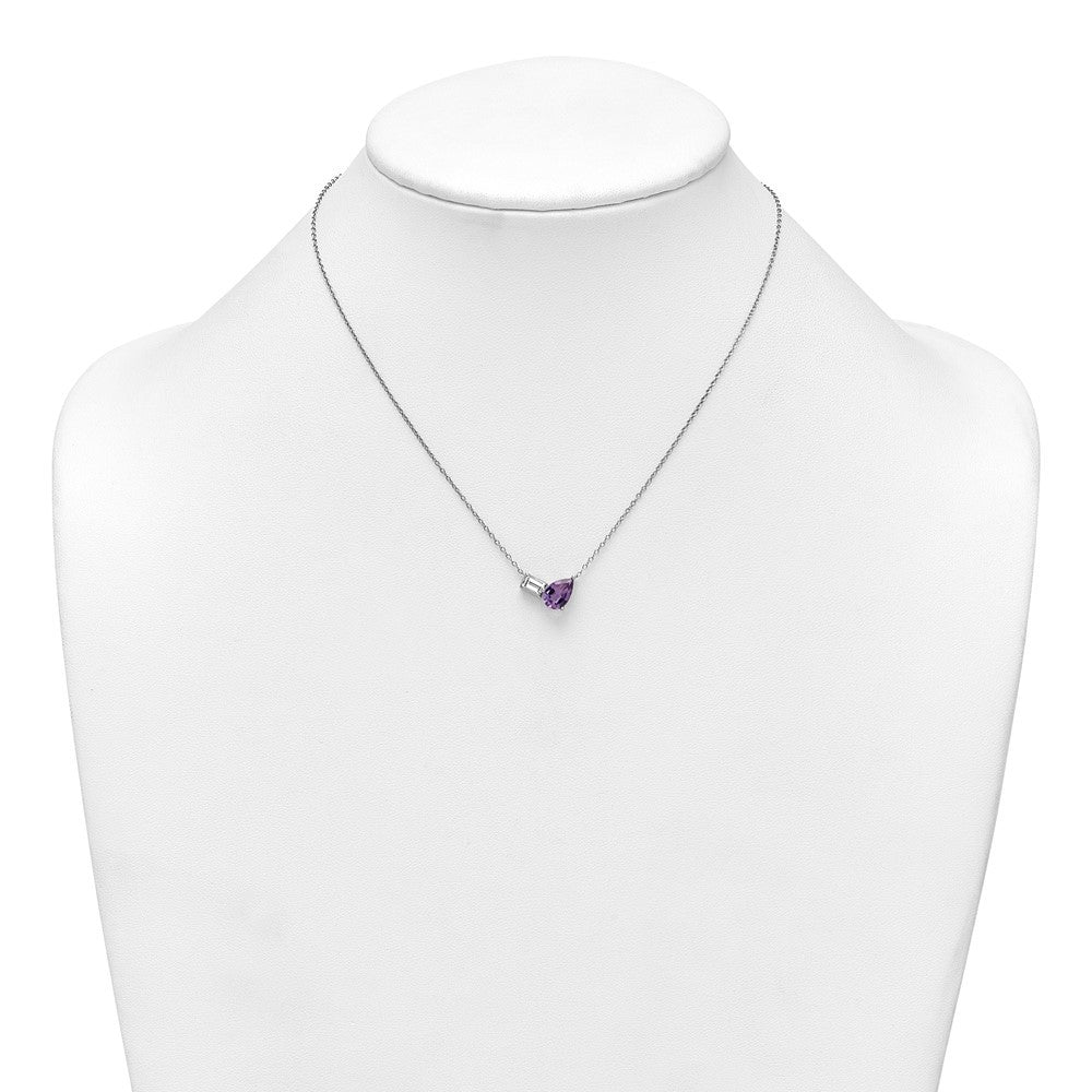 Sterling Silver Pear Amethyst and Emerald-cut White Topaz Necklace 16" w/ 2" Ext