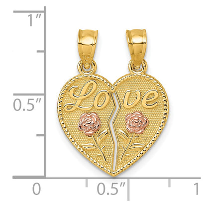 14k Two-tone Gold Break Apart Heart With Love And Roses Pendant