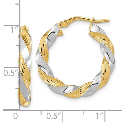 14k Yellow Gold w/White Rhodium Polished Twisted Hoop Earrings