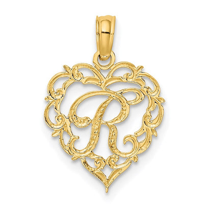 14k Yellow Gold Heart Script Letter R Initial Charm