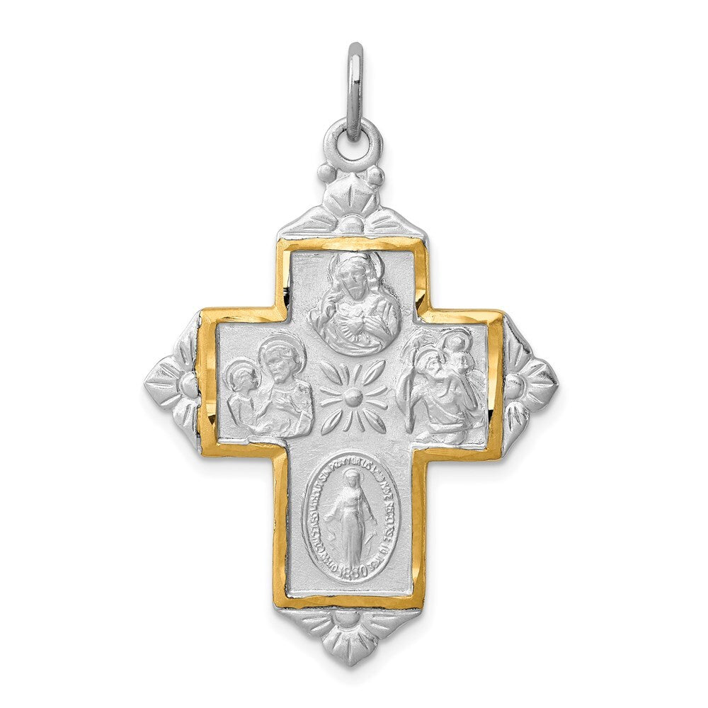 Sterling Silver Rhodium-plated & Gold-tone 4-Way Medal Pendant Cross Pendant