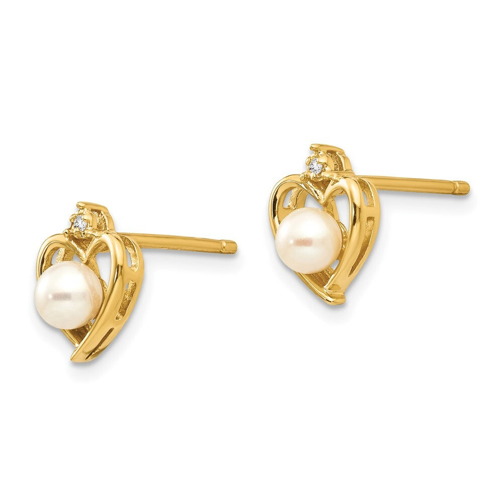 14k Yellow Gold FW Cultured Pearl and Diamond Heart Stud Earrings