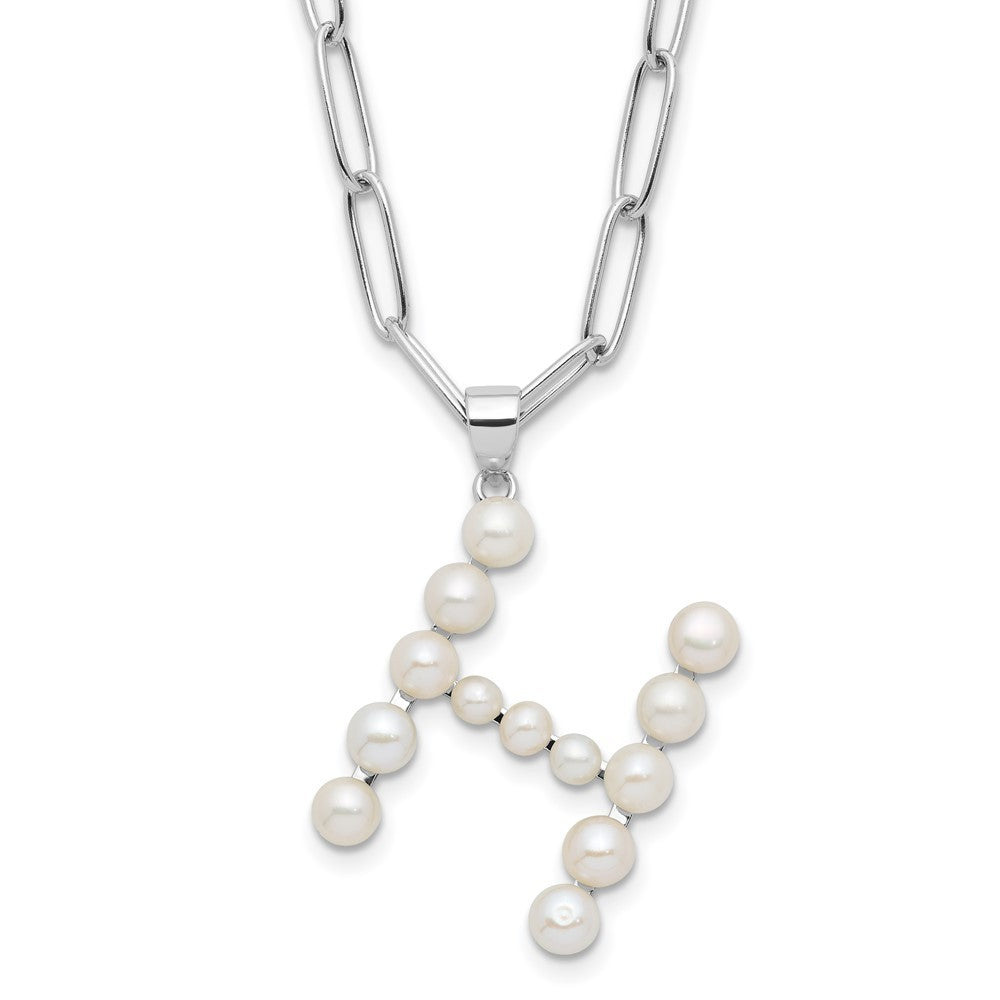 Sterling Silver 3-5.5mm White Button Cultured Pearl LETTER H Necklace 18"