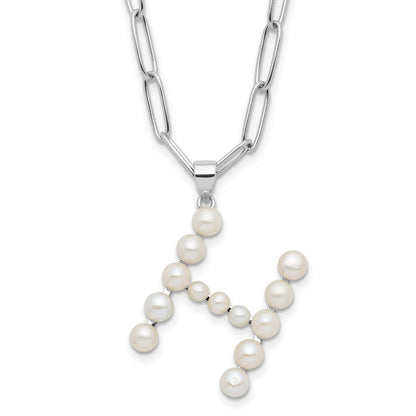 Sterling Silver 3-5.5mm White Button Cultured Pearl LETTER H Necklace 18"