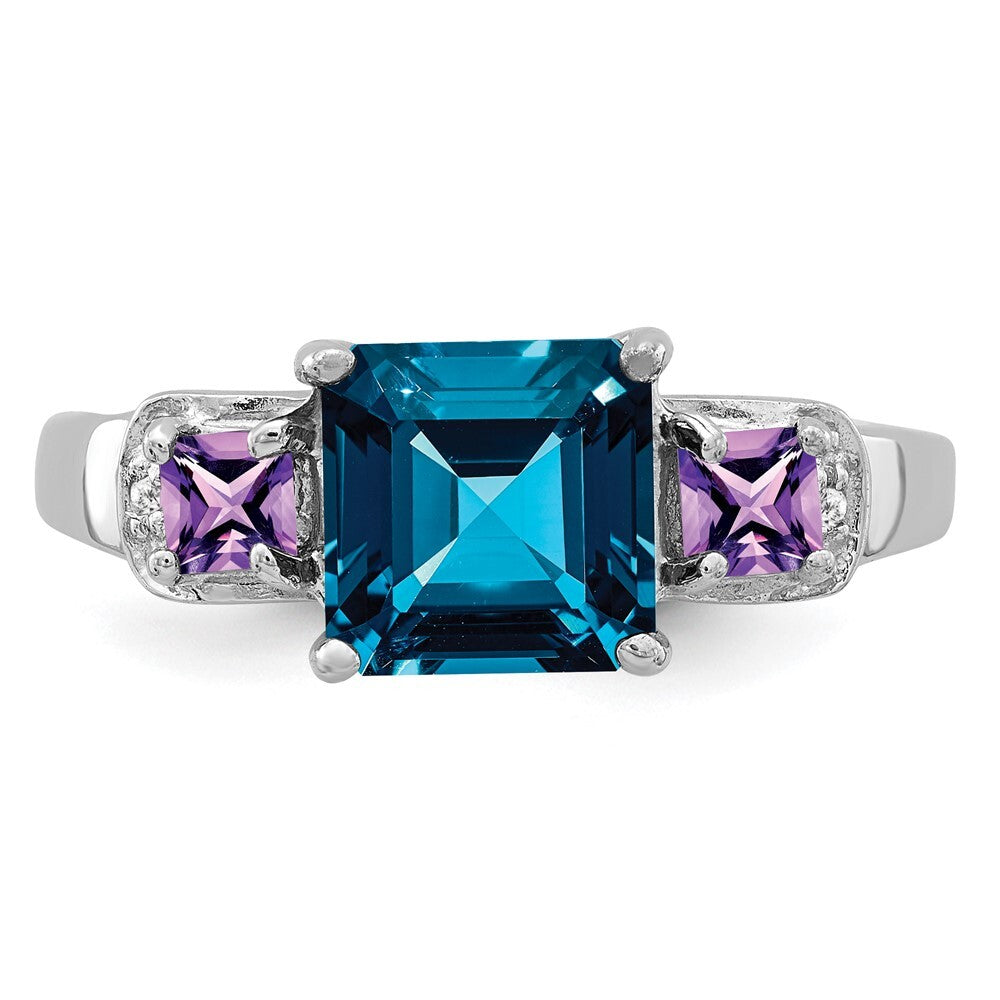 Sterling Silver Rhodium London Blue Topaz, Amethyst & Diamond Ring Size 8