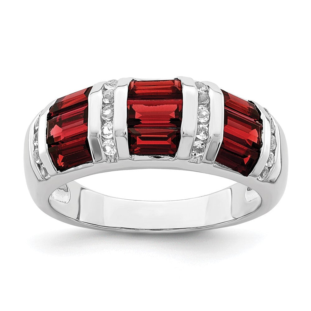 Sterling Silver Rhodium-plated Baguette Garnet & White Topaz Ring Size 7