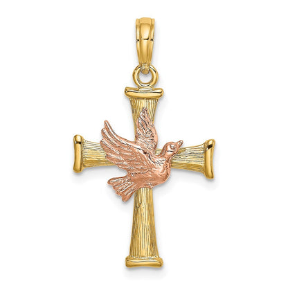 14k Two-tone Gold Textured Finish Cross  Dove Charm Pendant for Women
