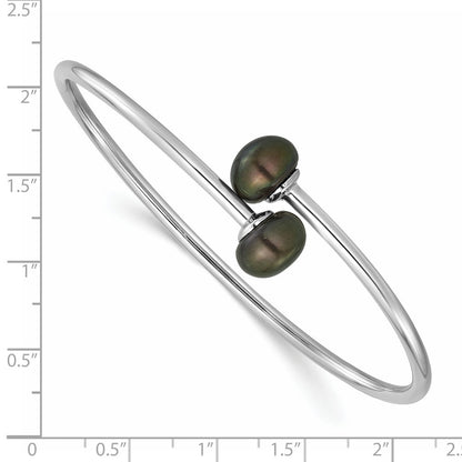 Sterling Silver 9-10mm Black Button Freshwater Cultured Pearl Flexible Bangle