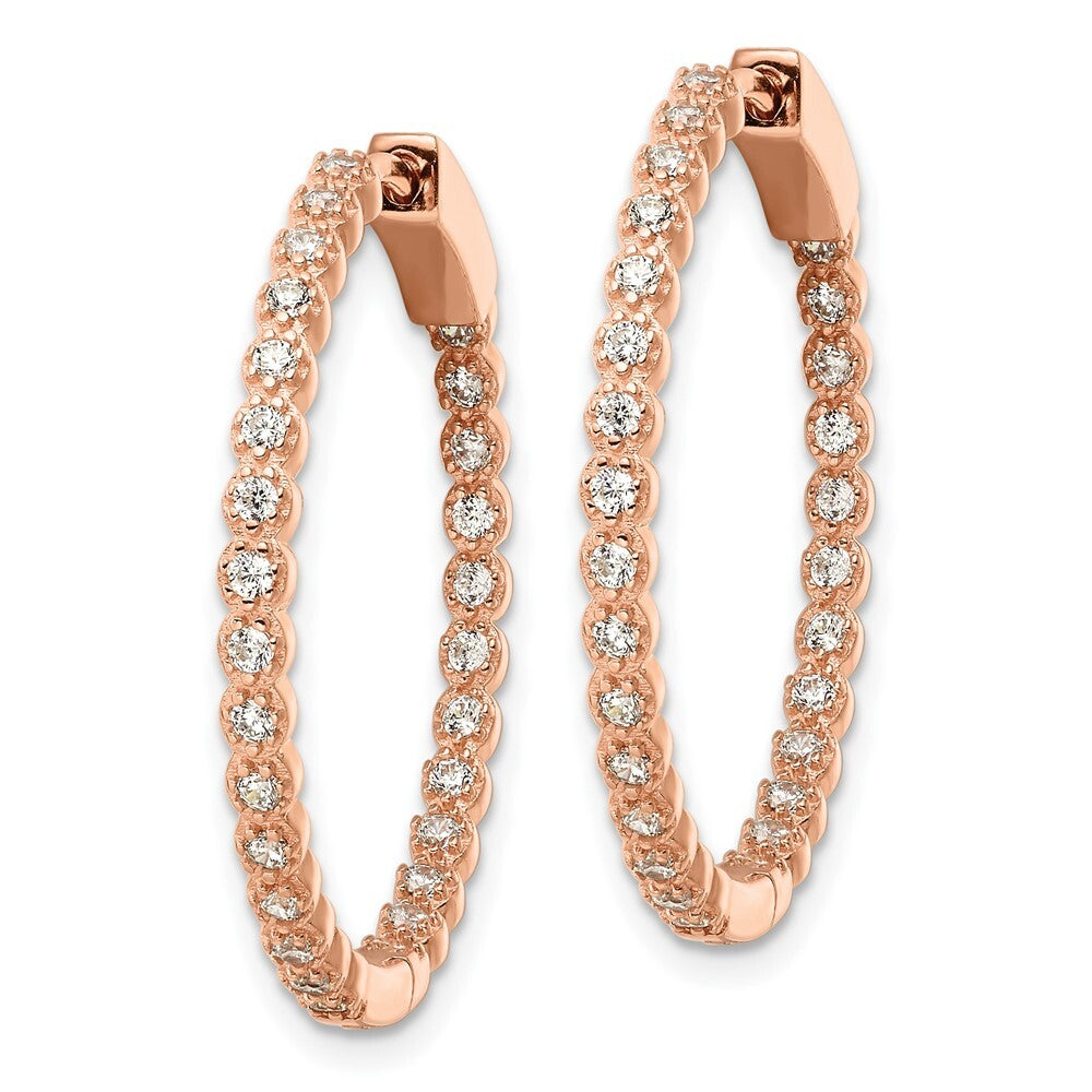 Sterling Silver Polished Rose-tone In & Out Cubic Zirconia Hinged Hoop Earrings
