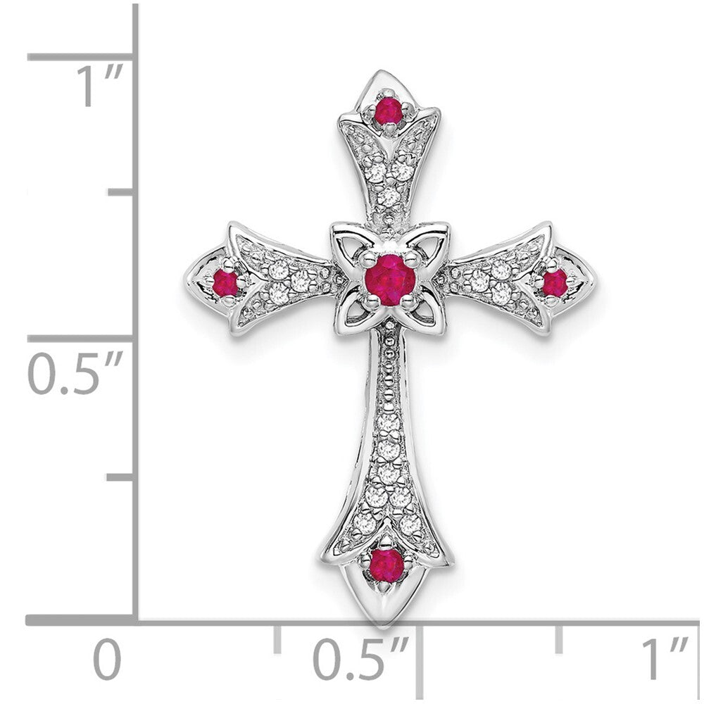 14k White Gold Ruby and Diamond Fleur de Lis Cross Chain Slide Pendant for Women