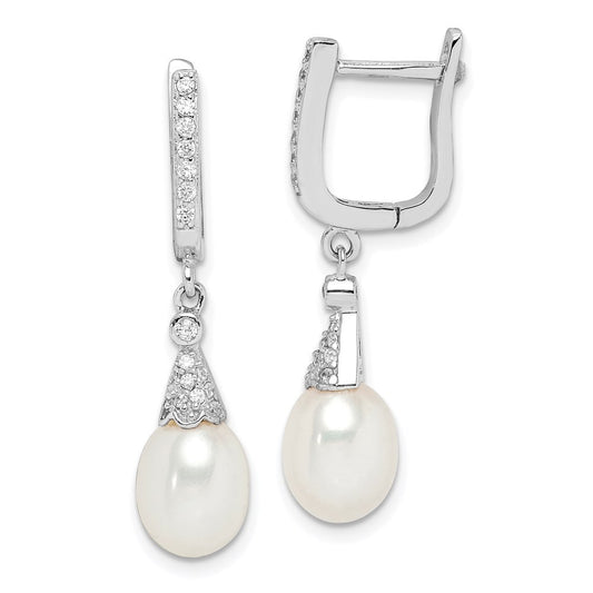 Sterling Silver 7-8mm Rice Freshwater Cultured Pearl & CZ Dangle Earrings