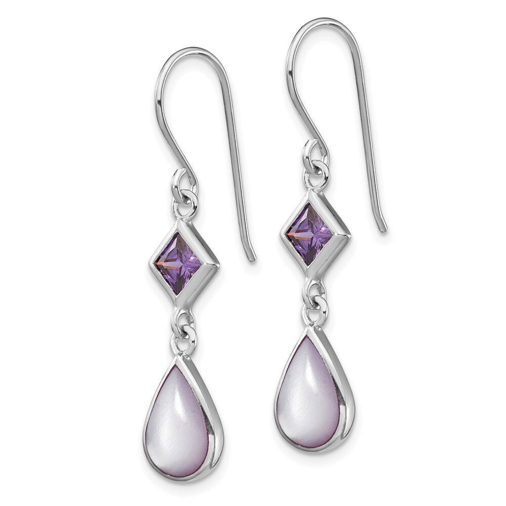 Sterling Silver Polished Purple Cubic Zirconia & MOP Teardrop Dangle Earrings