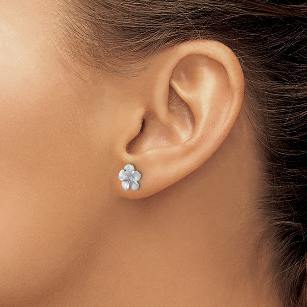 14k White Gold Satin Diamond-cut Plumeria Stud Earrings Gift for Women