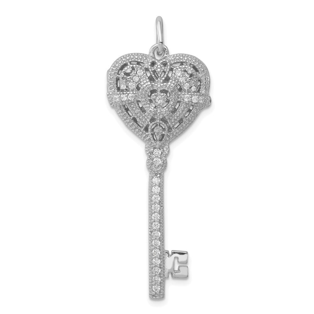 Sterling Silver Rhodium-plated Cubic Zirconia Heart Key Locket