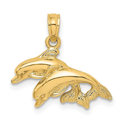 14k Yellow Gold 2-D Polished Double Dolphins Jumping Left Charm