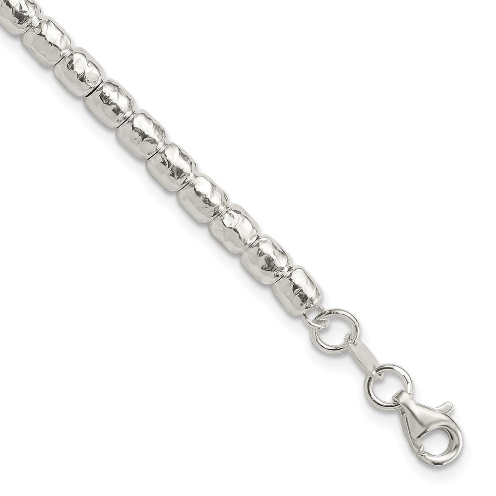 Sterling Silver RH-plated Polish/Hammered Beaded w/1 in ext. Bracelet