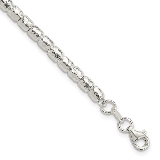 Sterling Silver RH-plated Polish/Hammered Beaded w/1 in ext. Bracelet