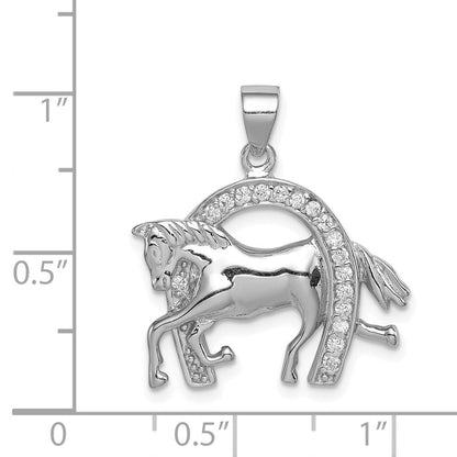Sterling Silver Rhodium-plated Horse & Horseshoe Cubic Zirconia Pendant