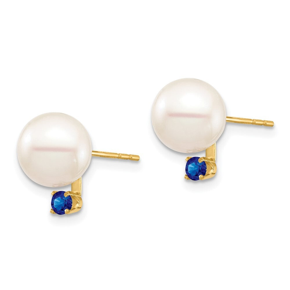 14k Yellow Gold 8-8.5mm Cultured Pearl & Sapphire Stud Earrings for Women