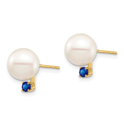 14k Yellow Gold 8-8.5mm Cultured Pearl & Sapphire Stud Earrings for Women